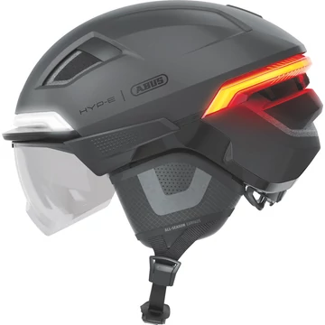 ABUS kerékpáros városi sisak HYP-E BL.ACE, In-Mold, beépített index funkcióval, féklámpával és átlátszó szemüveggel, volcano titan M (54-58 cm)