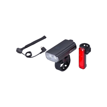 BBB Cycling kerékpáros lámpa szett BLS-174 StrikeDuo Combo, 1200 és 20 lumen, 7 és 5 mód, USB-C és micro USB tölthető 3200 és 300 mAh akku (első és hátsó), gumis felfogatással, távirányítóval