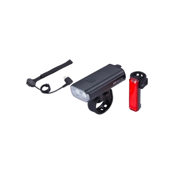 BBB Cycling kerékpáros lámpa szett BLS-175 StrikeDuo Combo, 1600 és 20 lumen, 7 és 5 mód, USB-C és micro USB tölthető 5200 és 300 mAh akku (első és hátsó), gumis felfogatással, távirányítóval