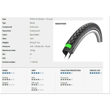 Schwalbe KÜLSŐ 26x1,25(559-32) MARATHON PERF HS420 GREEN EC REF TW 580g